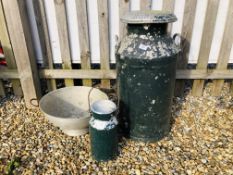 A VINTAGE GREEN PAINTED ALUMINIUM MILK CHURN 72CM ALONG WITH A SMALLER EXAMPLE AND LARGE COLANDER.