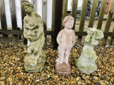 A CONCRETE STATUE OF A CLASSICAL LADY HOLDING A BIRD H 70CM ALONG WITH TWO CONCRETE FIGURES OF BOYS.