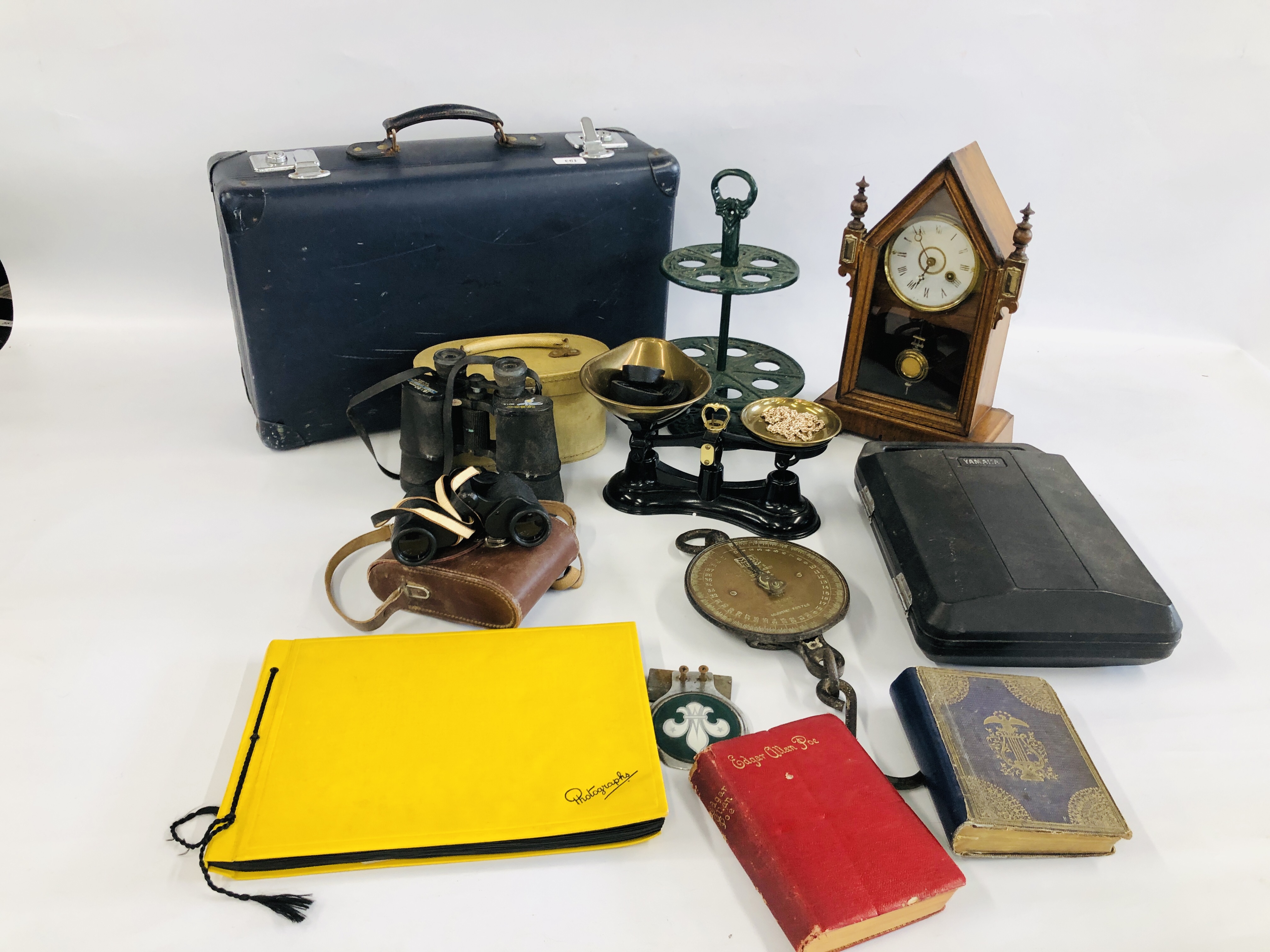 VINTAGE SUITCASE AND CONTENTS TO INCLUDE COLLECTIBLES, VINTAGE SALTER SCALES, ALBUM OF PHOTOGRAPHS,