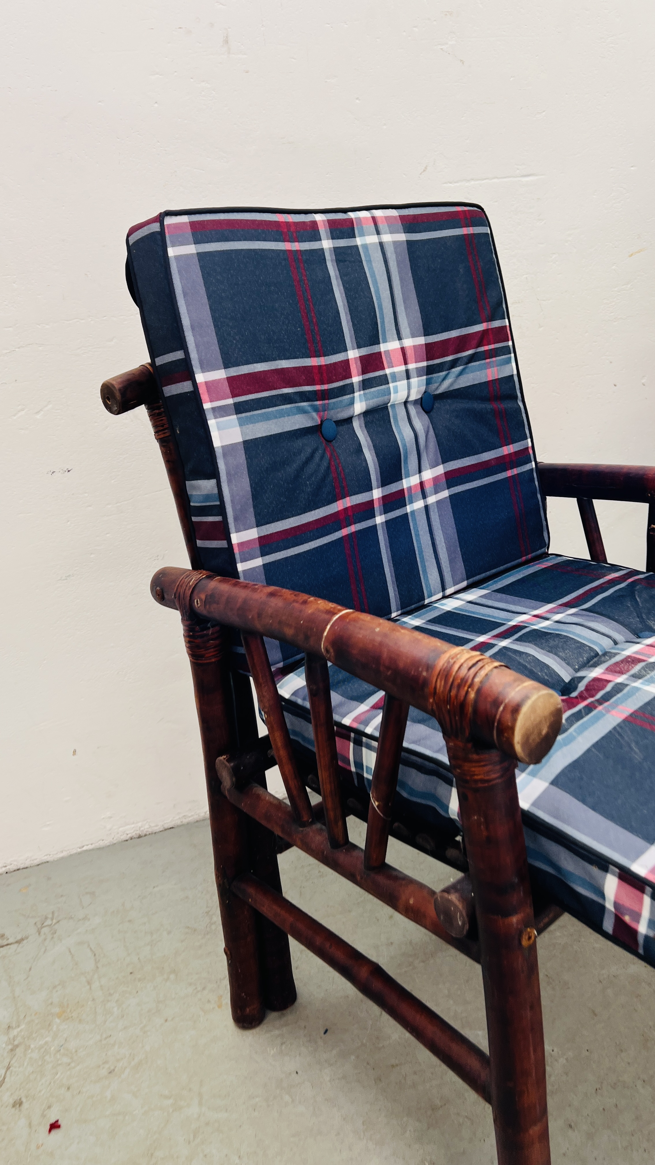 A PAIR OF BAMBOO ARMCHAIRS WITH CHECKED CUSHIONS. - Image 3 of 8