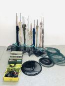 A LARGE QUANTITY OF FISHING ACCESSORIES TO INCLUDE RODS, NETS, REELS ETC.