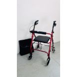 A HIGH GLOSS RED FOLDING BRAKED WALKING AID.