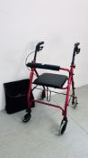 A HIGH GLOSS RED FOLDING BRAKED WALKING AID.