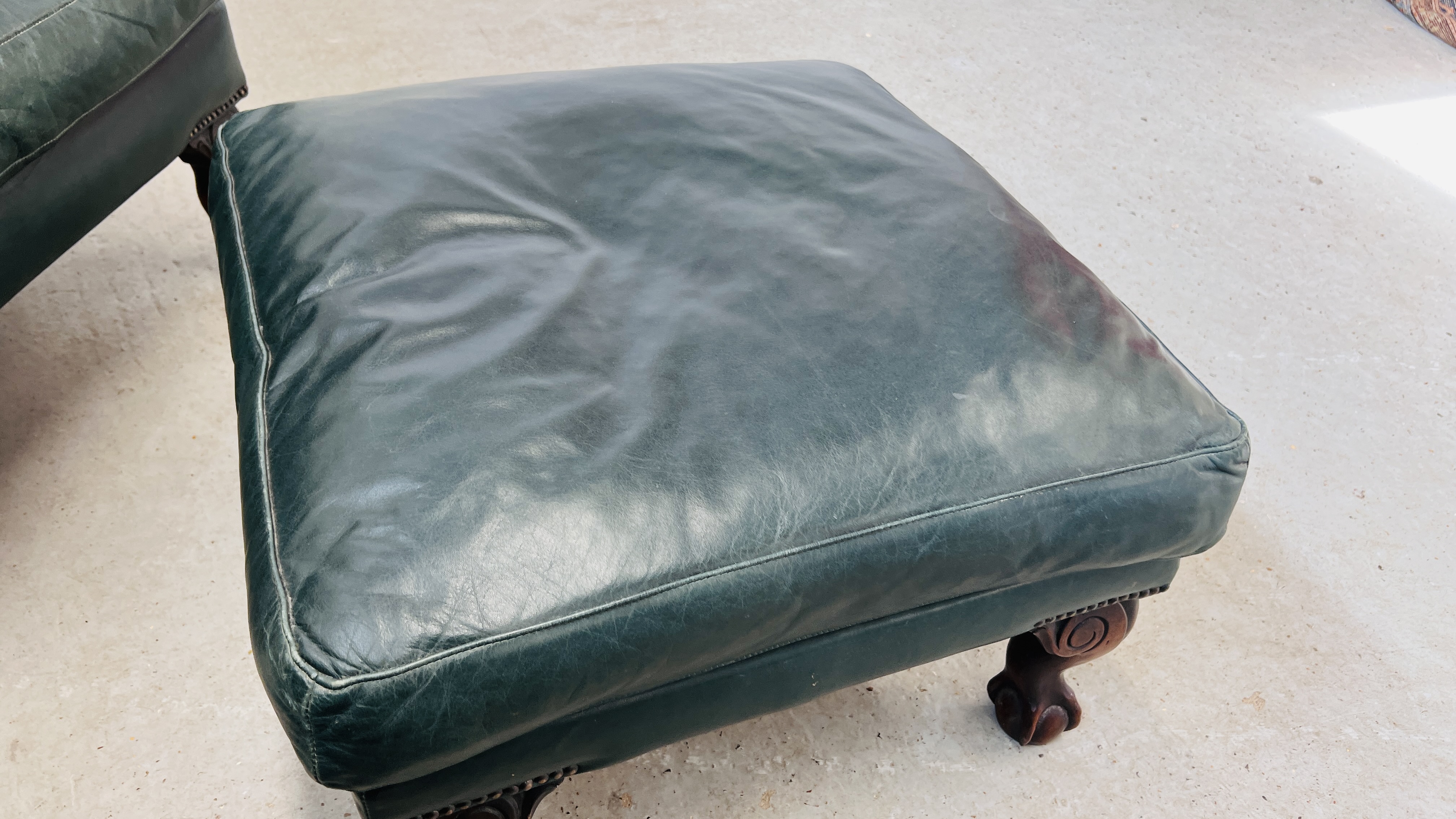 A PAIR OF MODERN BOTTLE GREEN LEATHER WING BACK FIRE SIDE ARMCHAIRS ON BALL AND CLAW FEET ALONG - Image 9 of 13