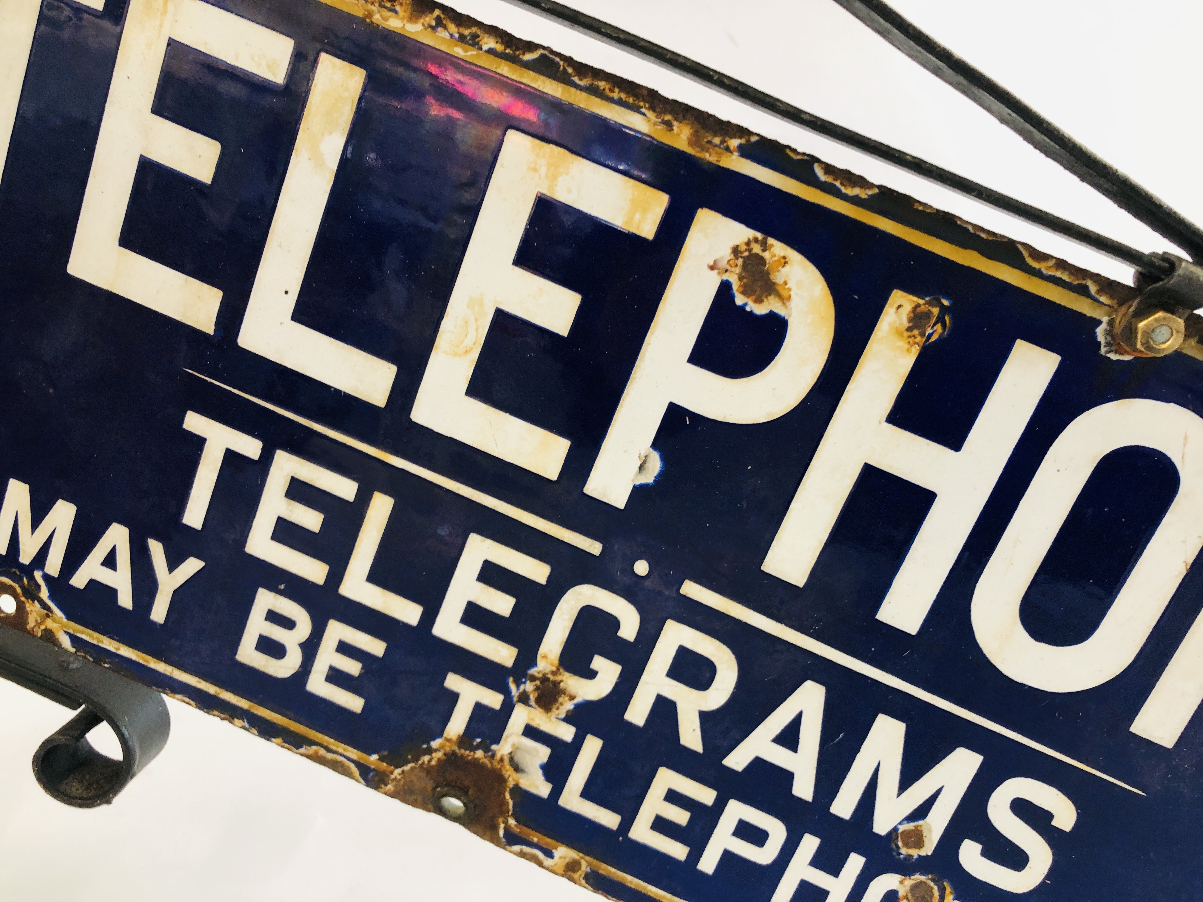 A VINTAGE ENAMELED TELEPHONE SIGN MOUNTED IN WALL BRACKET "TELEPHONE, - Image 4 of 12