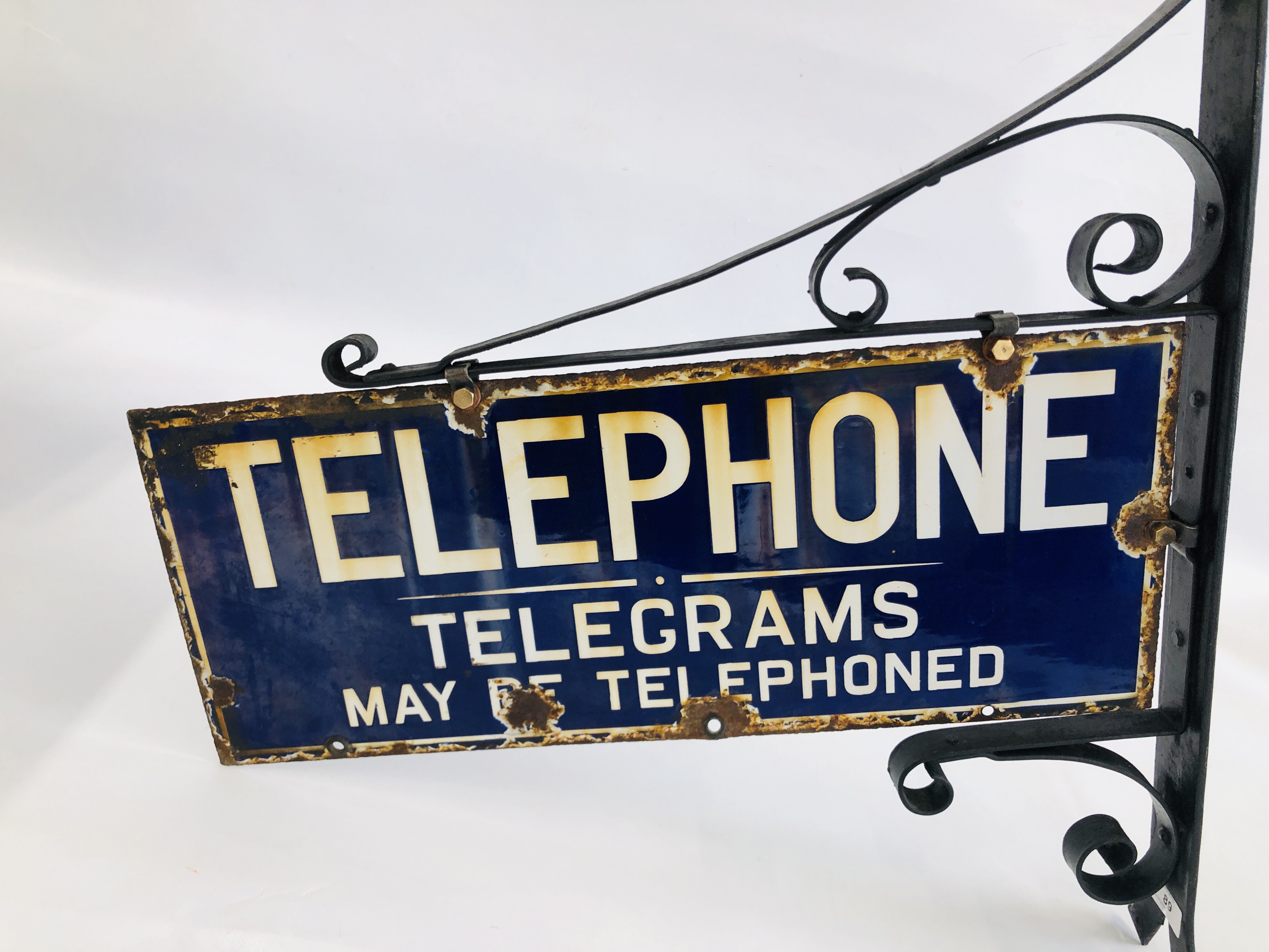 A VINTAGE ENAMELED TELEPHONE SIGN MOUNTED IN WALL BRACKET "TELEPHONE, - Image 7 of 12