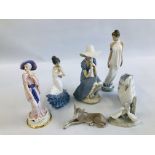 A GROUP OF 5 NAO FIGURES TO INCLUDE 3 GEESE BY A STUMP, SWAN BUD VASE, SEATED GIRL IN HAT,