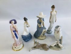 A GROUP OF 5 NAO FIGURES TO INCLUDE 3 GEESE BY A STUMP, SWAN BUD VASE, SEATED GIRL IN HAT,