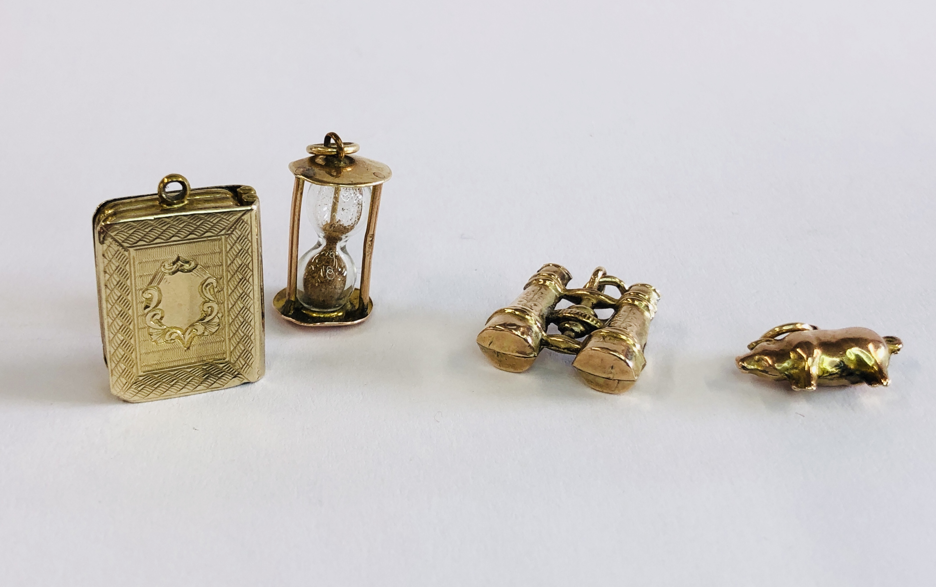 3 X ANTIQUE CHARMS TO INCLUDE 9CT GOLD, ROSE GOLD BINOCULARS,