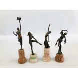 A GROUP OF 4 ART DECO STYLE BRONZE FIGURES DANCING ON MARBLE BASES MARKED "BARANITE SCULPTURE H