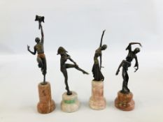 A GROUP OF 4 ART DECO STYLE BRONZE FIGURES DANCING ON MARBLE BASES MARKED "BARANITE SCULPTURE H
