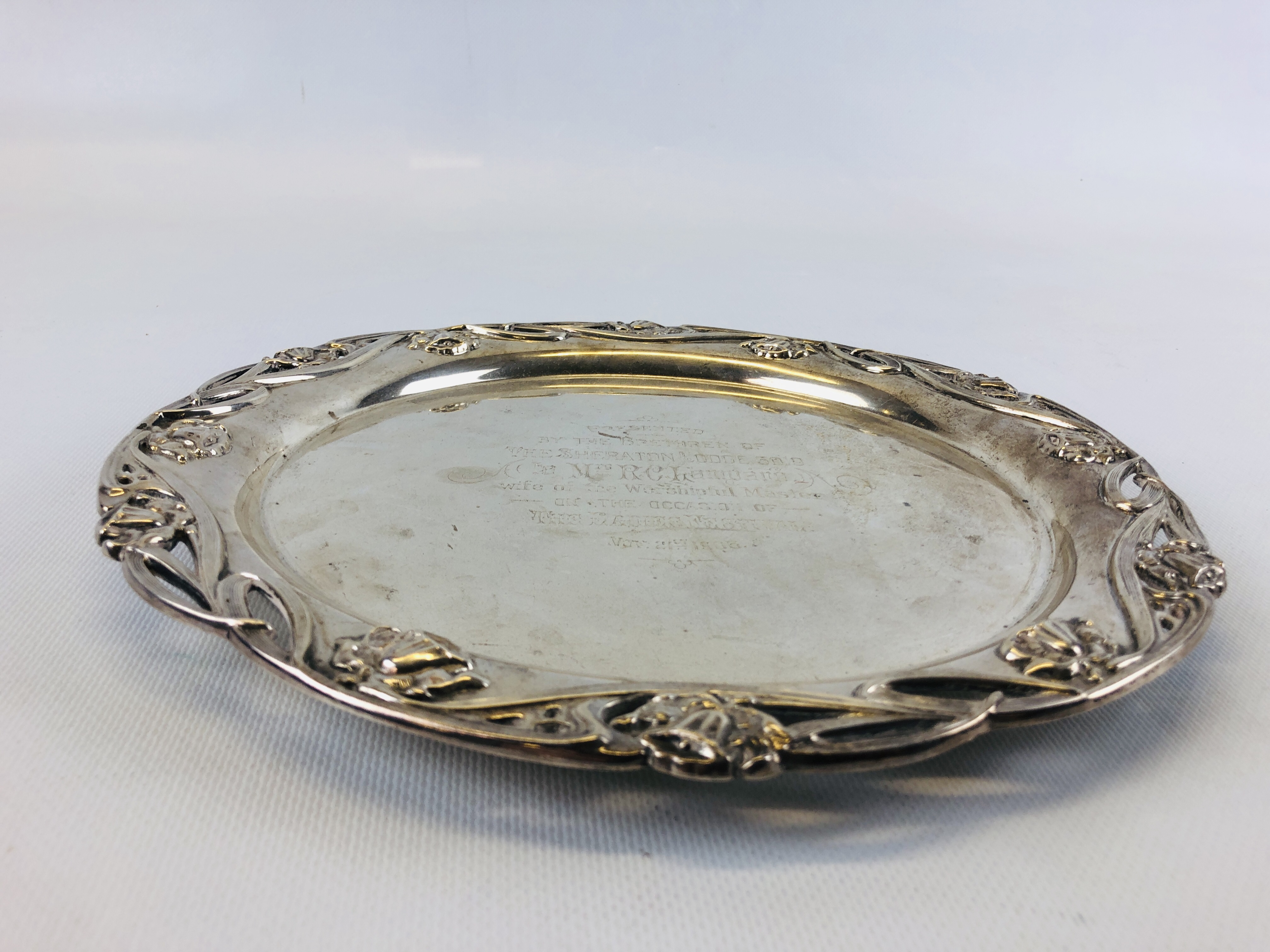 SILVER SALVER PEARCE BORDER AND ENGRAVED WILLIAM HUTTON AND SON SHEFFIELD 1905. - Image 3 of 11