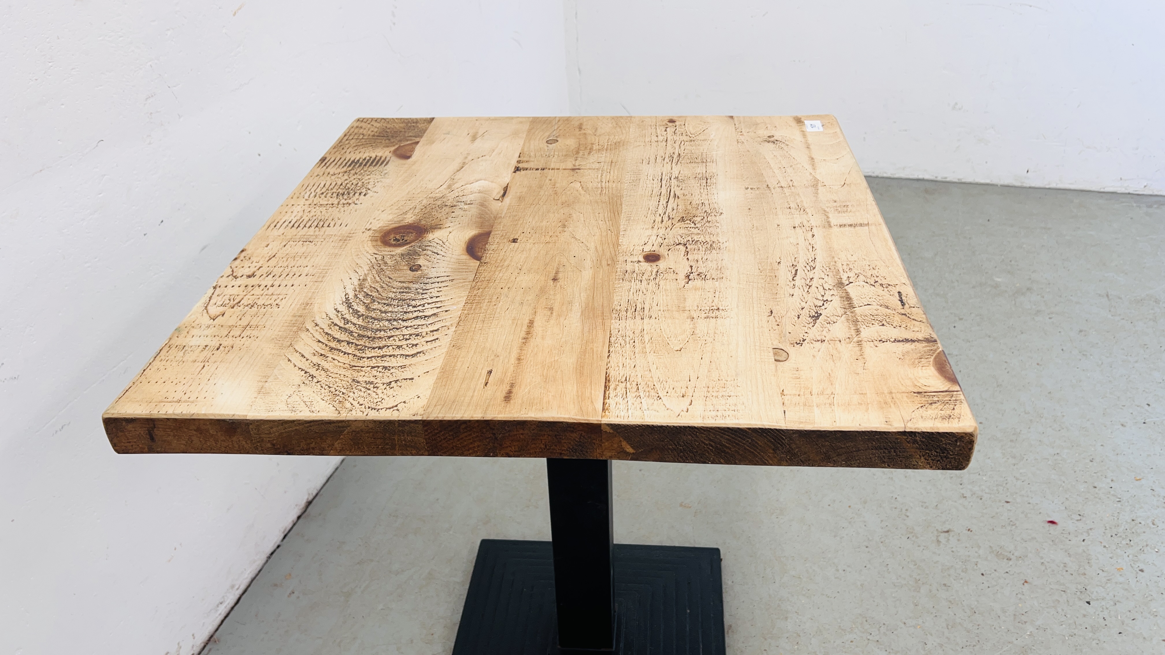 PEDESTAL BISTRO TABLE CAST BASE WITH WAXED PINE TOP - 70CM X 70CM. - Image 8 of 8