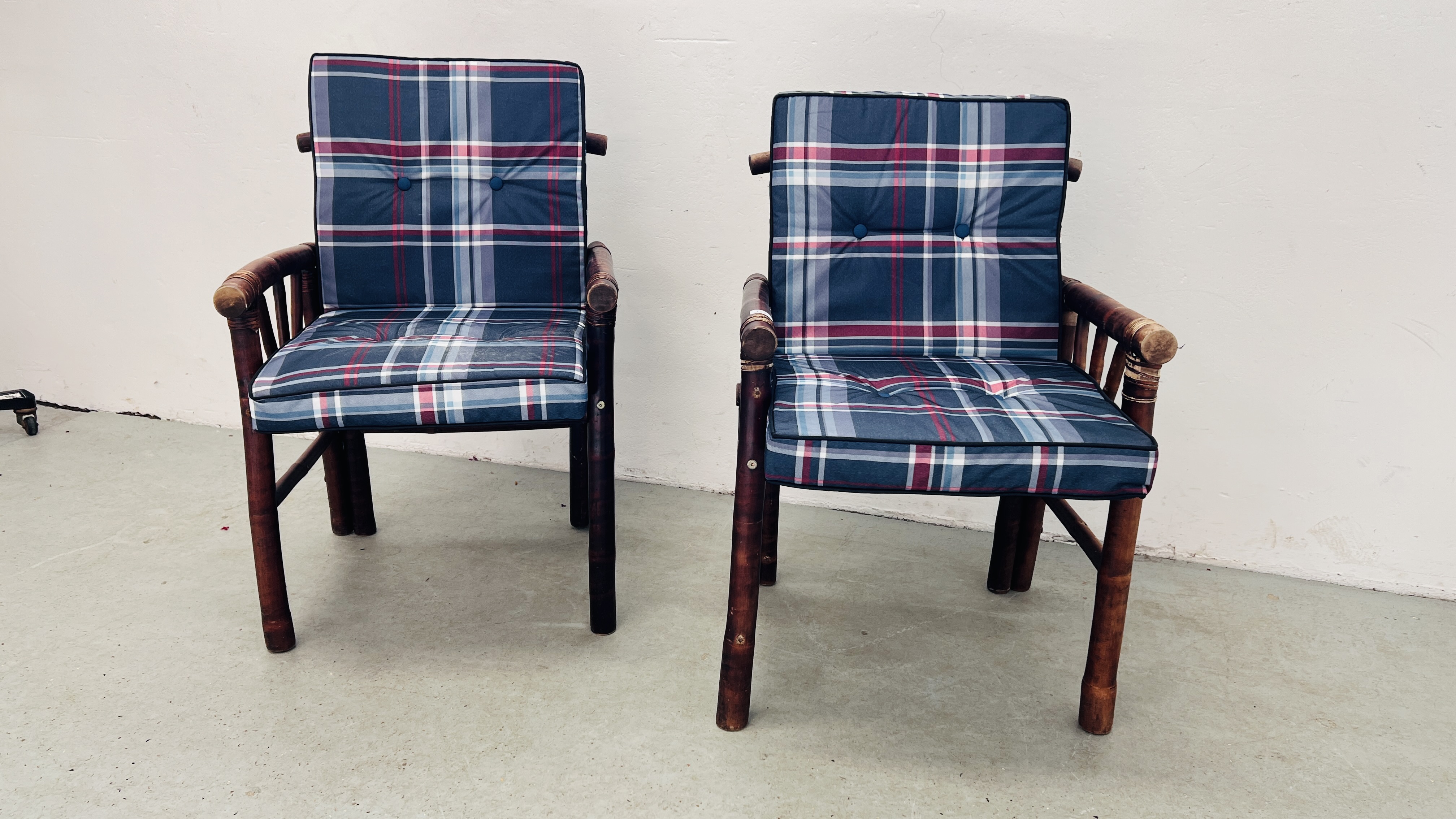 A PAIR OF BAMBOO ARMCHAIRS WITH CHECKED CUSHIONS. - Image 8 of 8