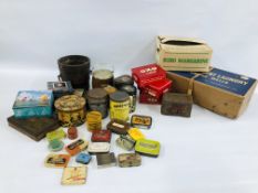 2 BOXES OF ASSORTED VINTAGE TINS TO INCLUDE OXO, THOMSONS CLEANER,