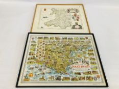 A FRAMED AND MOUNTED MAP OF WALES - JOHN BLAEU - FRAMED AND MOUNTED DARTMOOR AND SOUTH DEVON