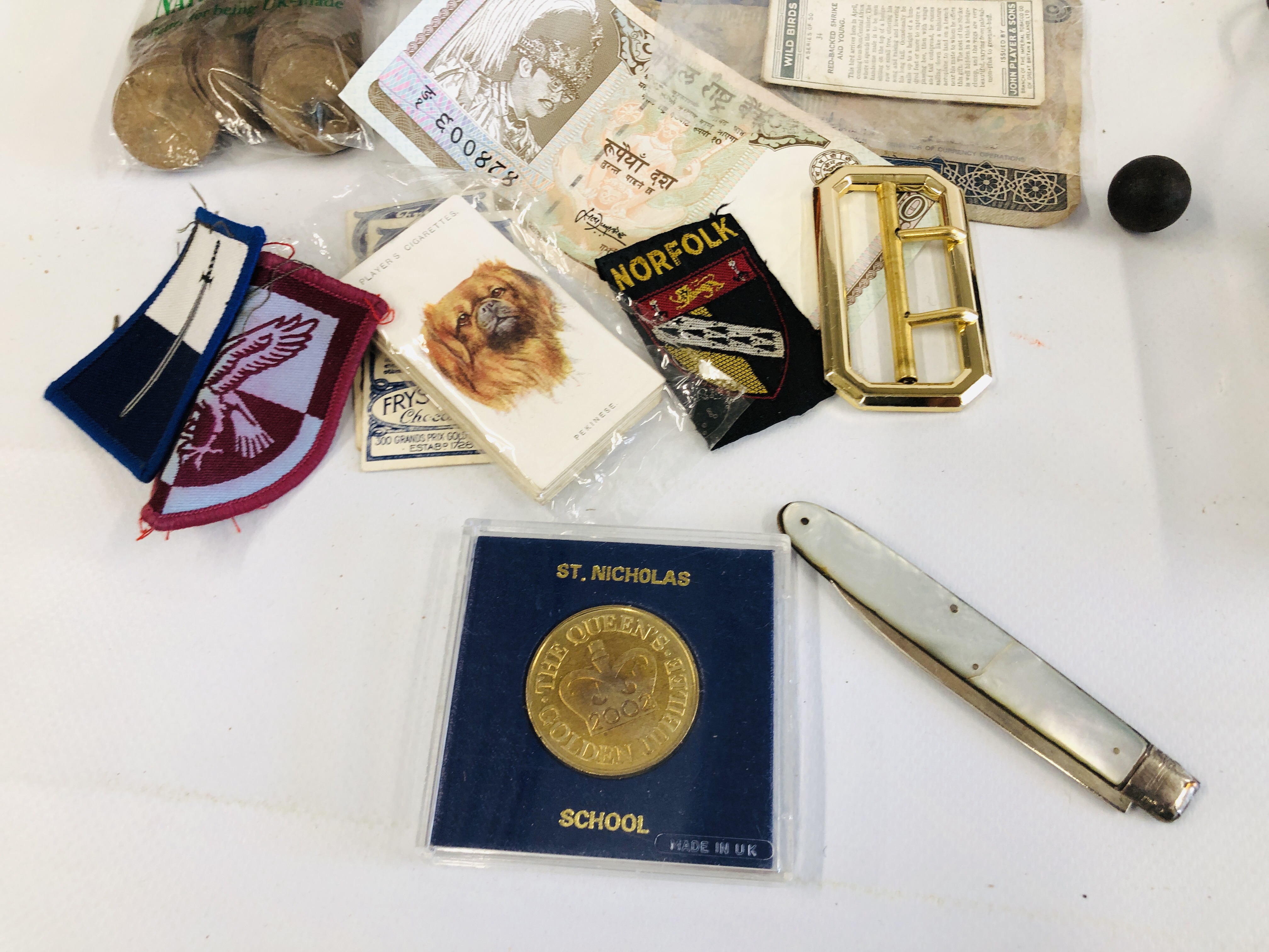 BOX OF INTERESTING ITEMS TO INCLUDE SILVER & MOTHER OF PEARL FRUIT KNIFE AND COSTUME JEWELLERY ETC. - Image 9 of 10