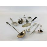 A GROUP OF ASSORTED CONTINENTAL WHITE METAL EXAMPLES TO INCLUDE A CANDLESTICK, SERVING SLICES,