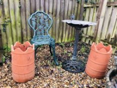 A CAST ALUMINIUM PEDESTAL BIRD BATH WITH BIRD MOTIF H 80CM ALONG WITH GREEN PAINTED ALUMINIUM