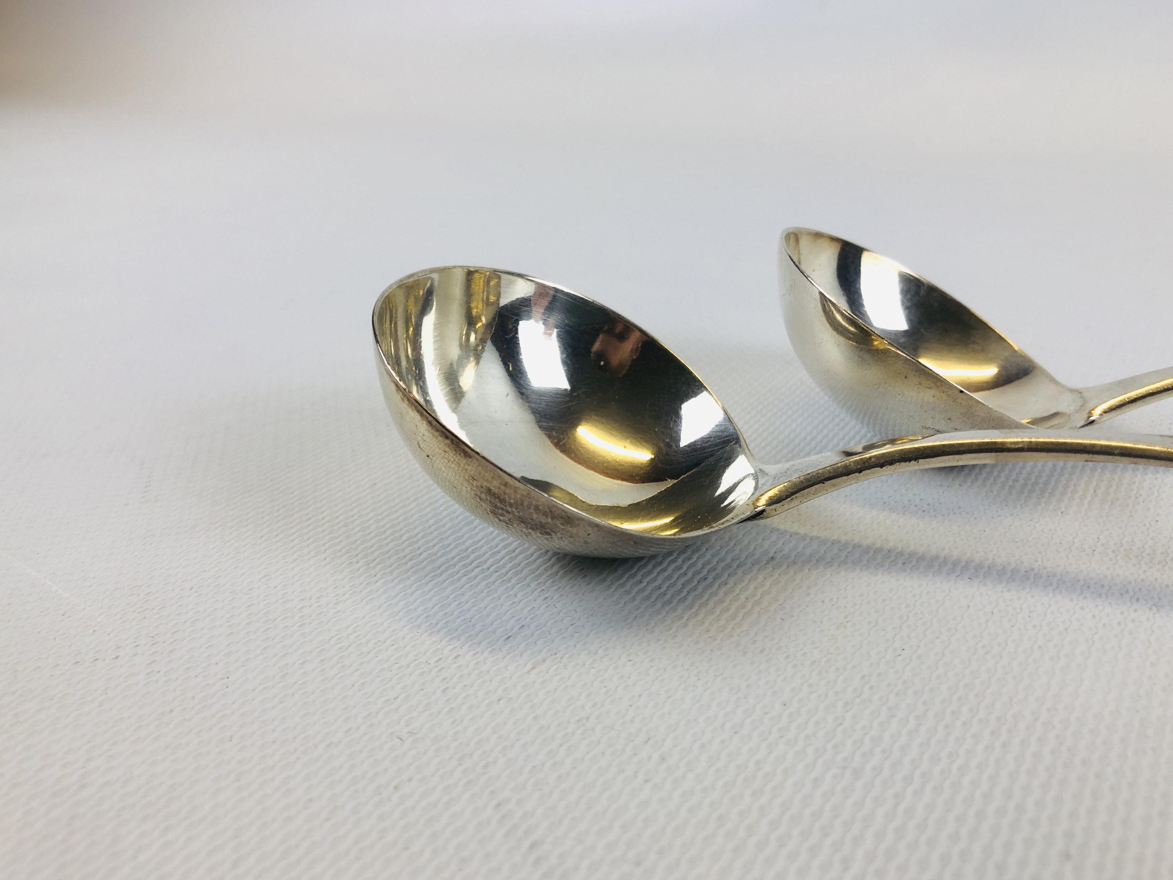 A PAIR OF GEORGE III OLD ENGLISH PATTERN SILVER SAUCE LADLES. - Image 2 of 7