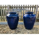 PAIR OF VERY LARGE BLUE GLAZED GARDEN URNS (1 A/F) H 72CM X D 50CM.