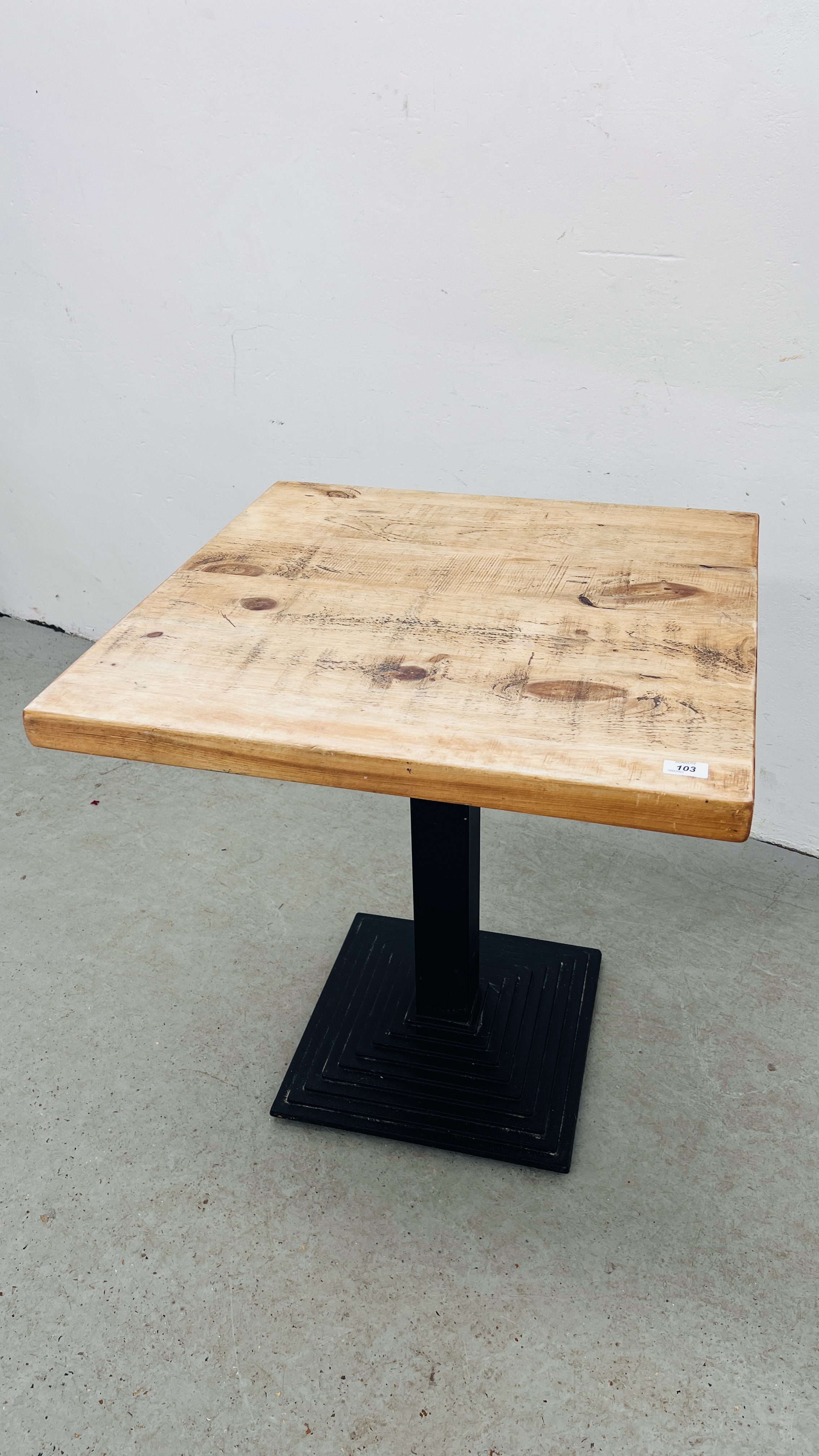 PEDESTAL BISTRO TABLE CAST BASE WITH WAXED PINE TOP - 70CM X 70CM.