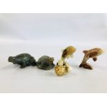 AN HARD STONE FROG FIGURE ALONG WITH GREEN SERPENTINE FROG FIGURE INITIALED COM,,
