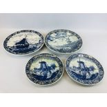 A GROUP OF 4 DELFT BLUE AND WHITE CHARGERS (THE LARGER TWO DIAMETER 39CM) + (THE TWO SMALLER