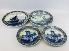 A GROUP OF 4 DELFT BLUE AND WHITE CHARGERS (THE LARGER TWO DIAMETER 39CM) + (THE TWO SMALLER