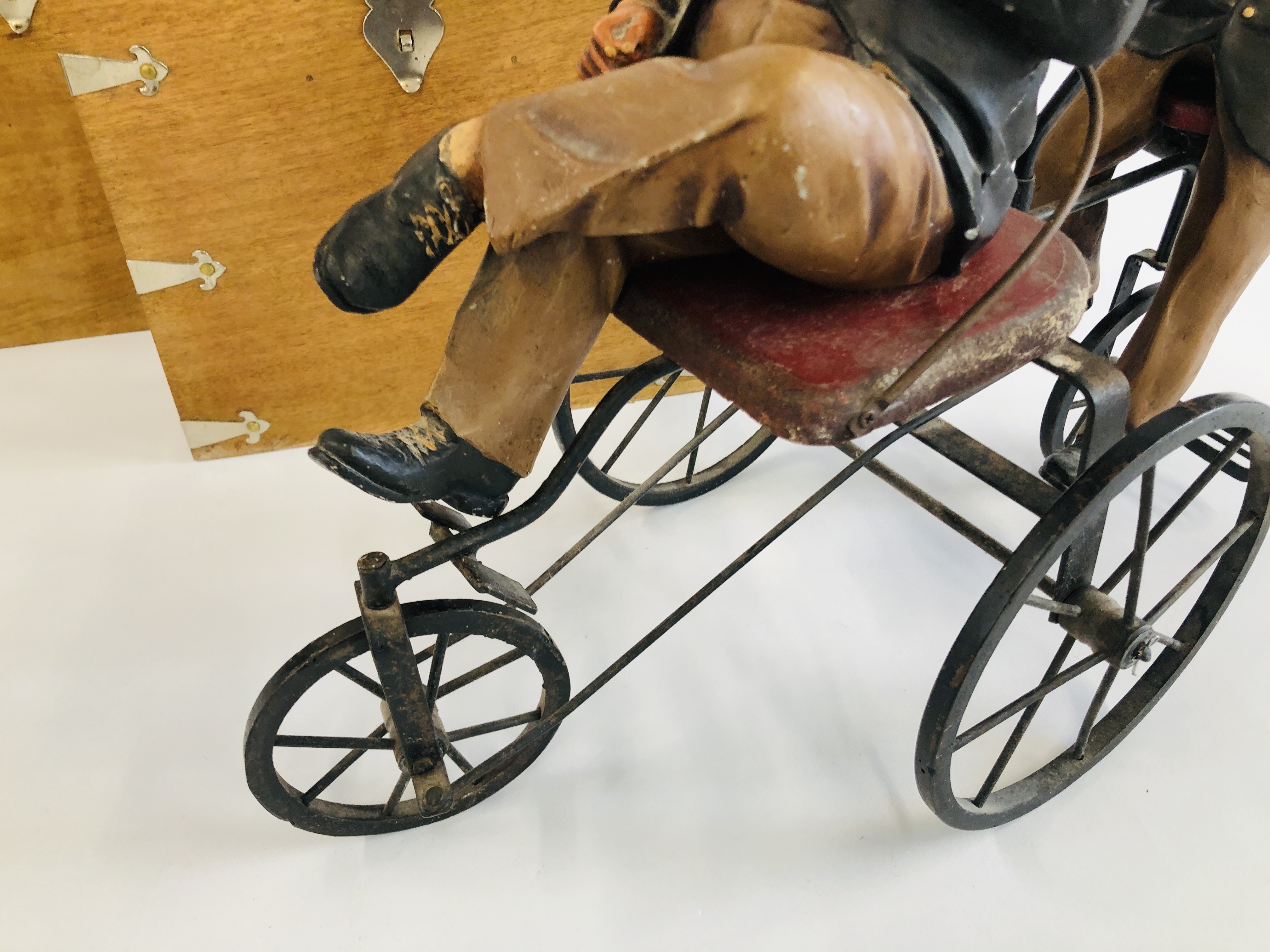 A PAIR OF HARDWOOD AND METAL BOUND BOXES ALONG WITH A LAUREL AND HARDY BICYCLE SCULPTURE. - Image 3 of 7