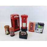 A GROUP OF VINTAGE STYLE MONEY BOXES TO INCLUDE 2 X POST BOXES, TELEPHONE BOX,