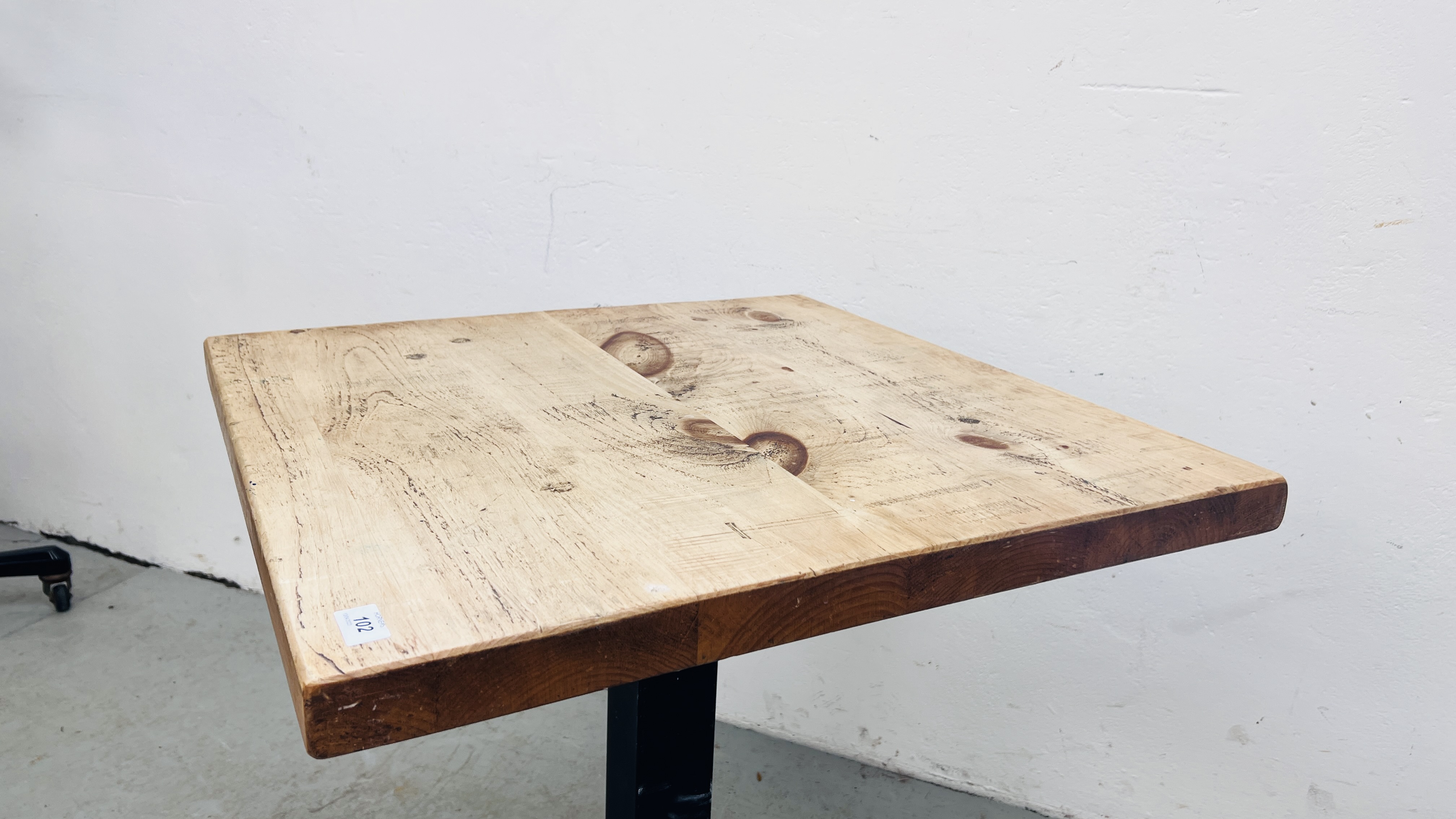 PEDESTAL BISTRO TABLE CAST BASE WITH WAXED PINE TOP - 70CM X 70CM. - Image 5 of 6