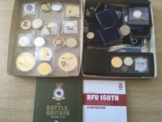 BOX OF MIXED COINS INCLUDING ENCAPSULATED PROOF ITEMS, RFU 2021 JERSEY £2 COLLECTION IN FOLDER,