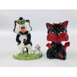 TWO LORNA BAILEY CAT ORNAMENTS TOM AND JERRY H 14.5CM AND MEPHISTO H 13CM. BEARING SIGNATURES.