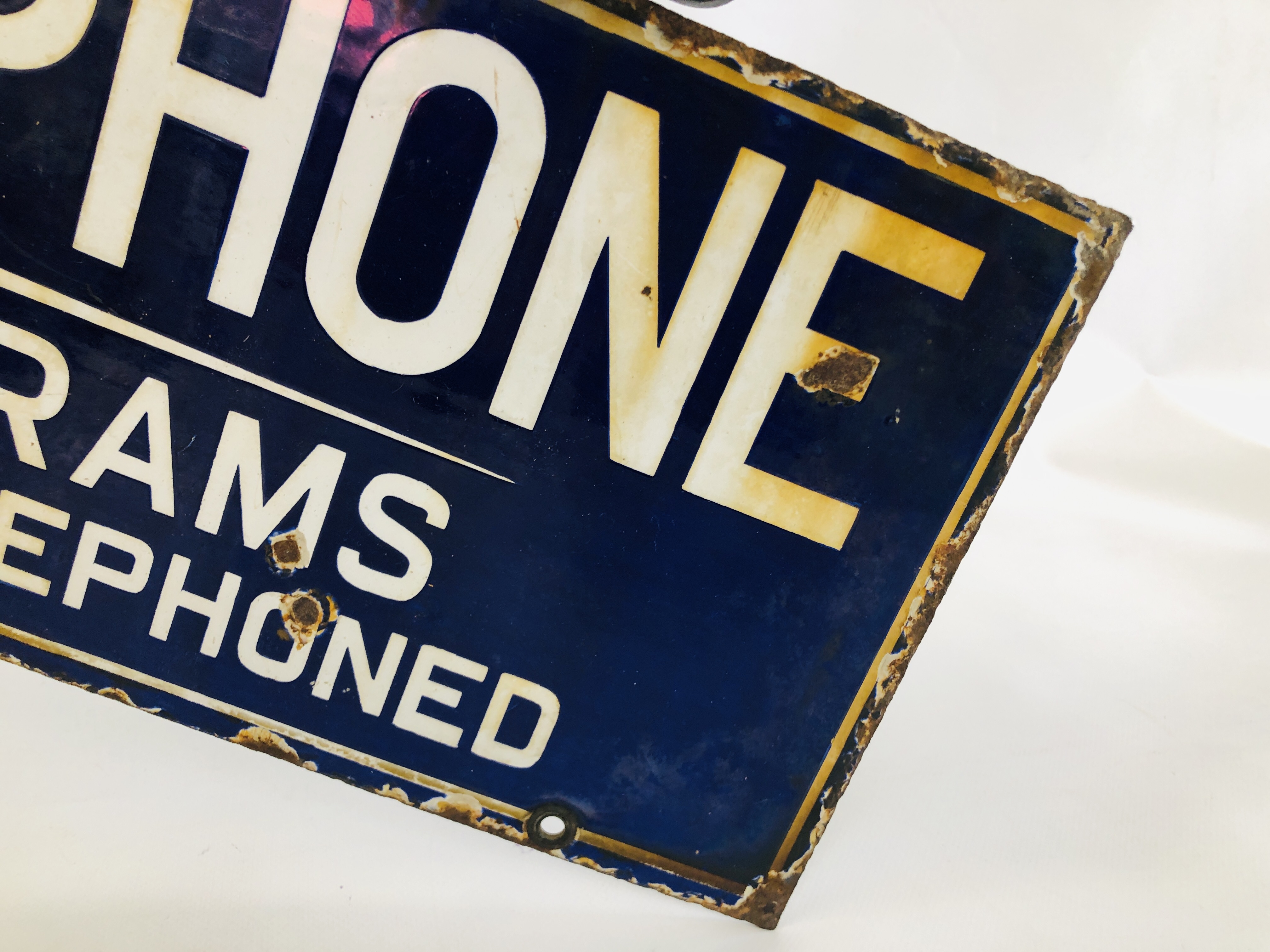 A VINTAGE ENAMELED TELEPHONE SIGN MOUNTED IN WALL BRACKET "TELEPHONE, - Image 5 of 12