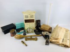 A BOX OF ASSORTED COLLECTABLES TO INCLUDE EPHEMERA, NEWSPAPERS DATED 1936,