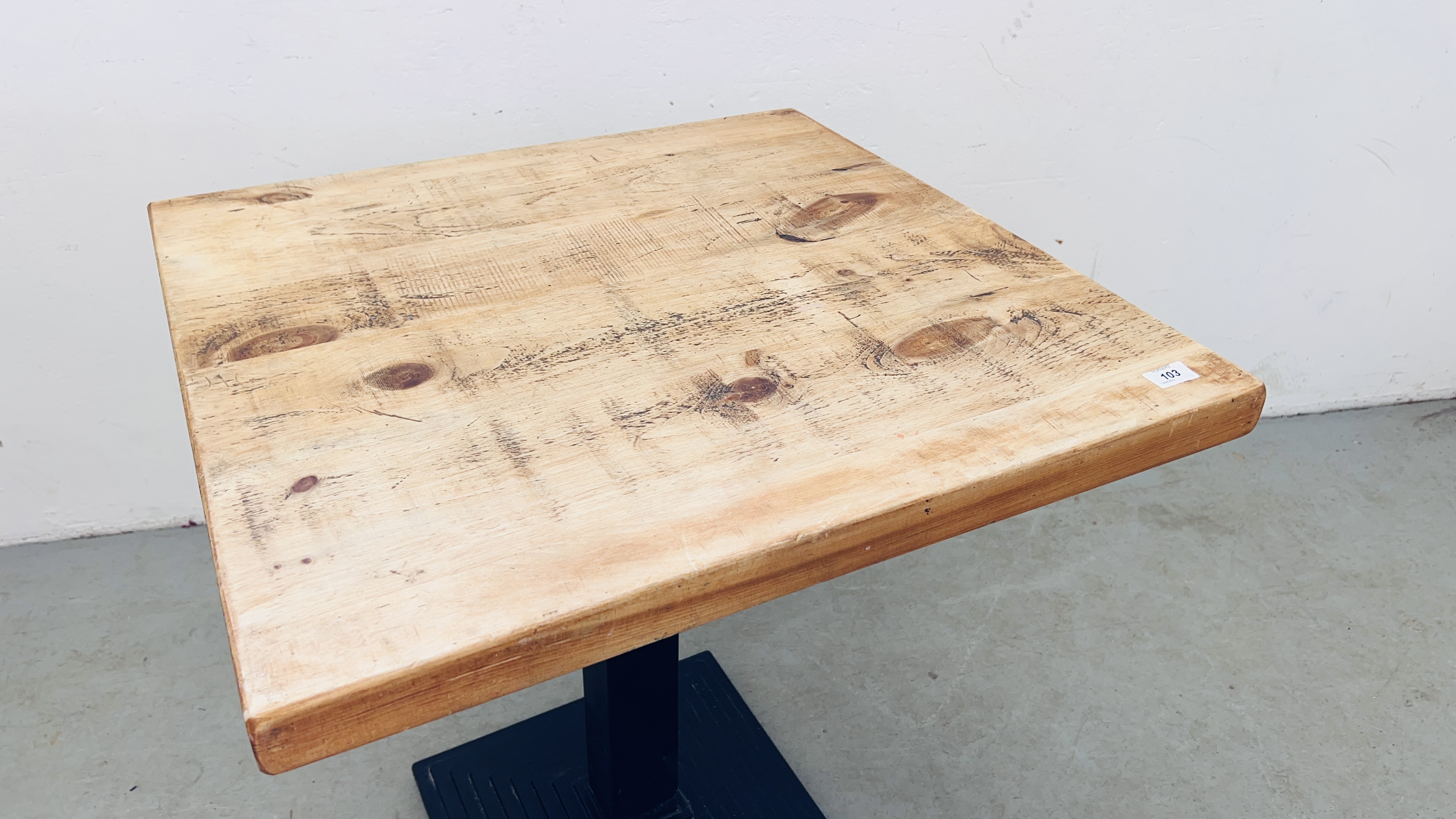 PEDESTAL BISTRO TABLE CAST BASE WITH WAXED PINE TOP - 70CM X 70CM. - Image 2 of 8