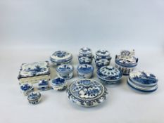 A GROUP OF 14 DELFT TRINKET BOXES TO INCLUDE MINIATURE EXAMPLES.