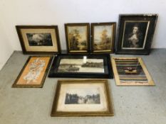 A GROUP OF EIGHT ASSORTED PICTURES TO INCLUDE A PAIR OF GILT FRAMED PRINTS "A SHOWERY DAY" AND CALM