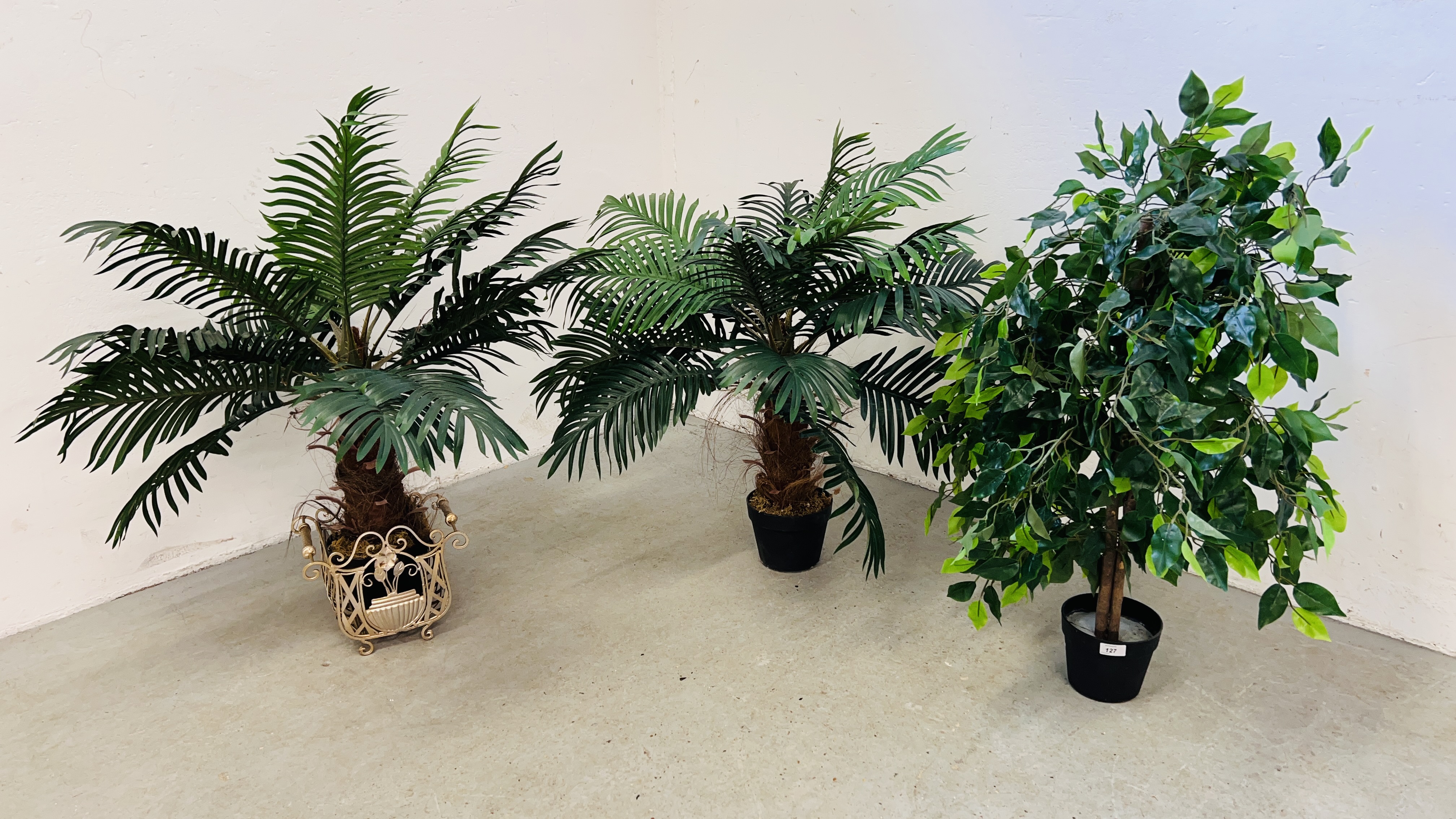 THREE ARTIFICIAL POTTED PLANTS.