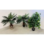 THREE ARTIFICIAL POTTED PLANTS.