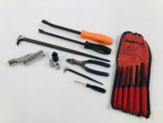 SNAP ON TOOLS TO INCLUDE SIX PIECE STARTER PUNCH SET PPCS60BK, 16 INCH PRYBAR 1650,