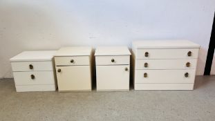 A PAIR OF PAINTED BEDSIDE CABINETS W 48CM X D 46CM X H 55CM ALONG WITH A SIMILAR 3 DRAWER & 2