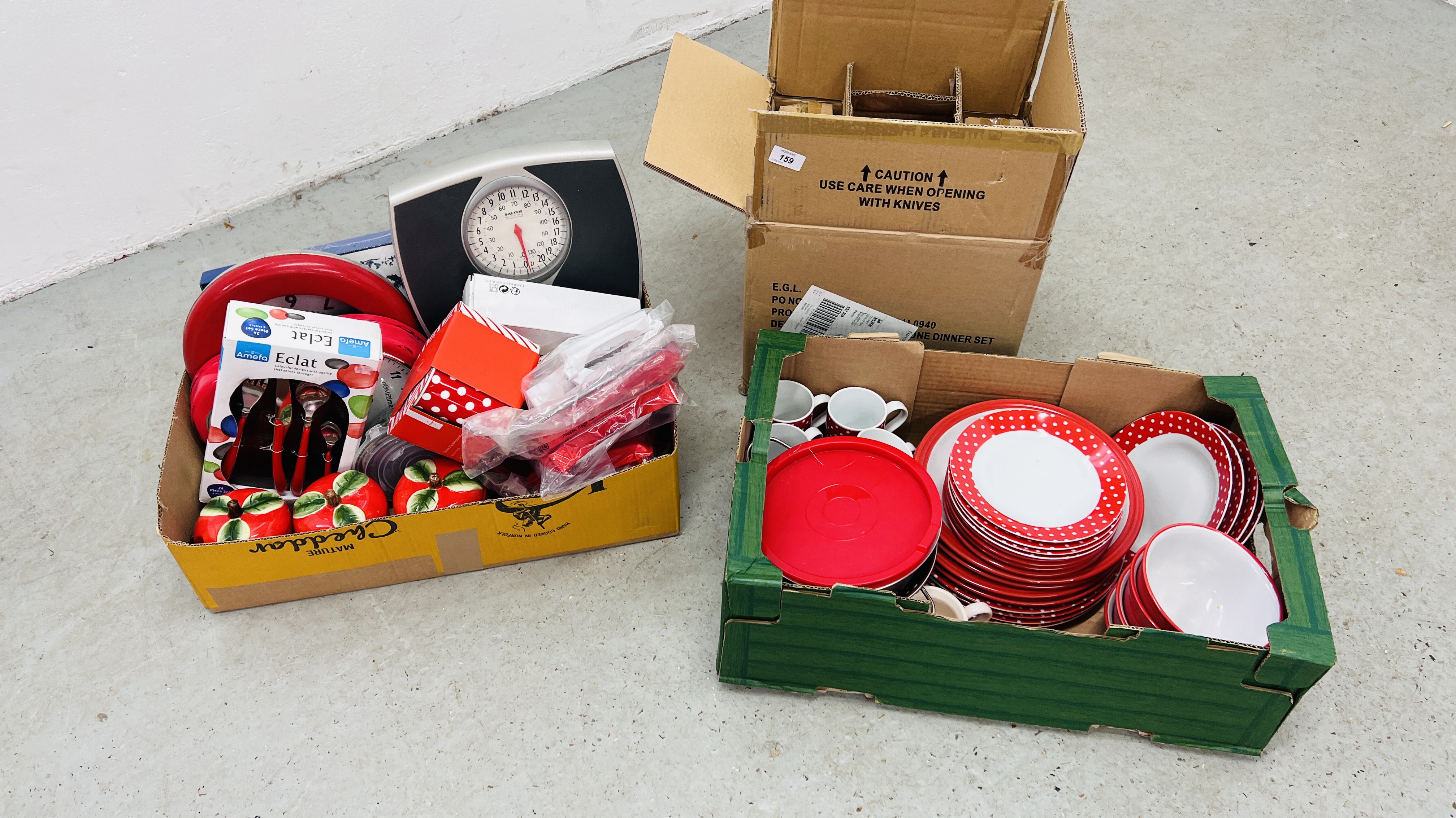 2 X BOXES OF MODERN RED FINISH KITCHEN ACCESSORIES AND CHINA TO INCLUDE SCALES, CLOCK,