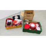 2 X BOXES OF MODERN RED FINISH KITCHEN ACCESSORIES AND CHINA TO INCLUDE SCALES, CLOCK,