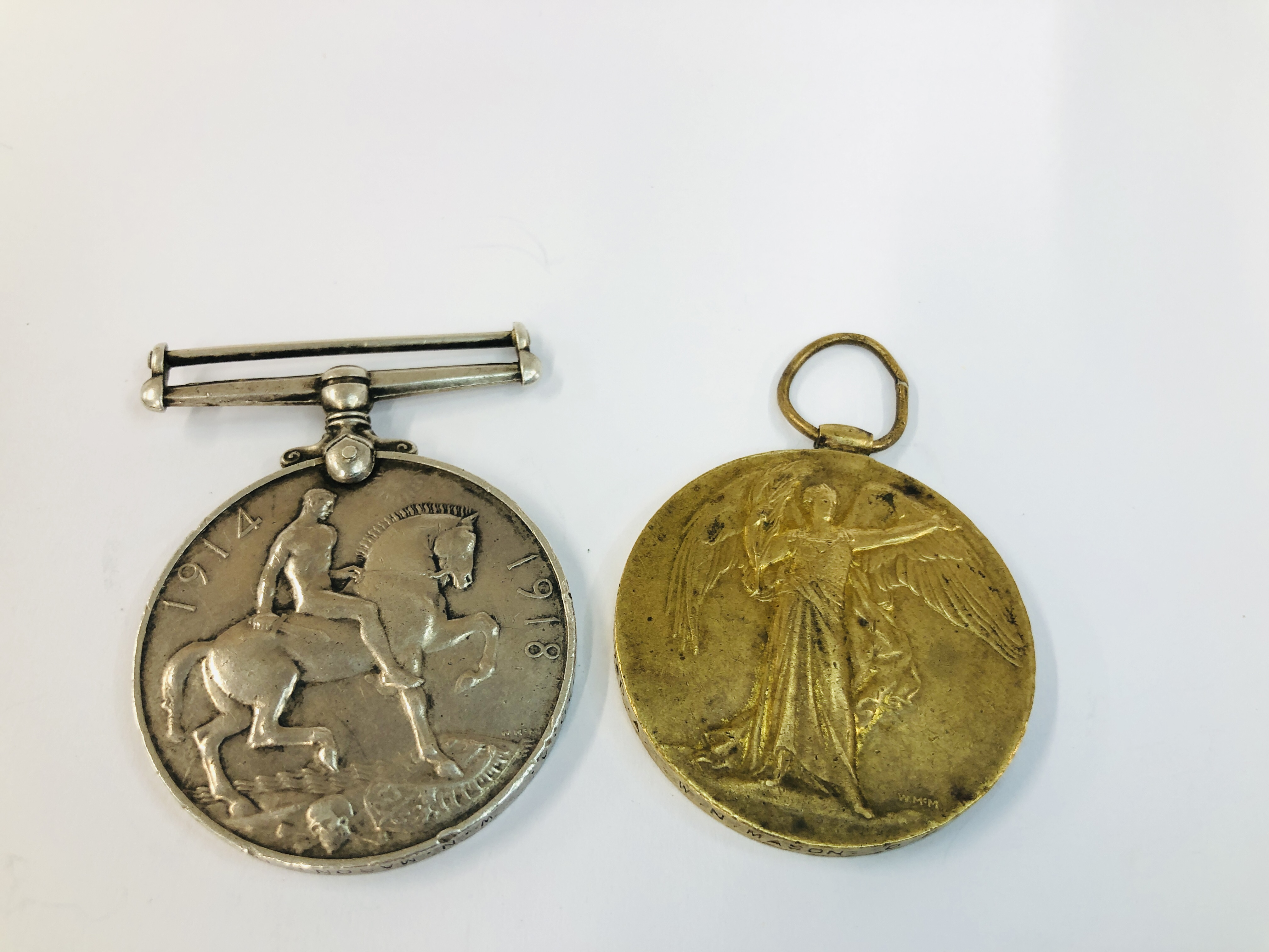 2 MEDALS FROM WW1 1914-1919 & 1914-1918 "THE GREAT WAR FOR CIVILISATION" PRESENTED TO W.N. MASON D.