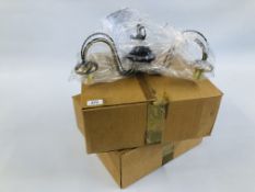 TWO BOXED AS NEW MODERN THREE BRANCH LIGHT FITTINGS WITH GLASS SHADES - SOLD AS SEEN.
