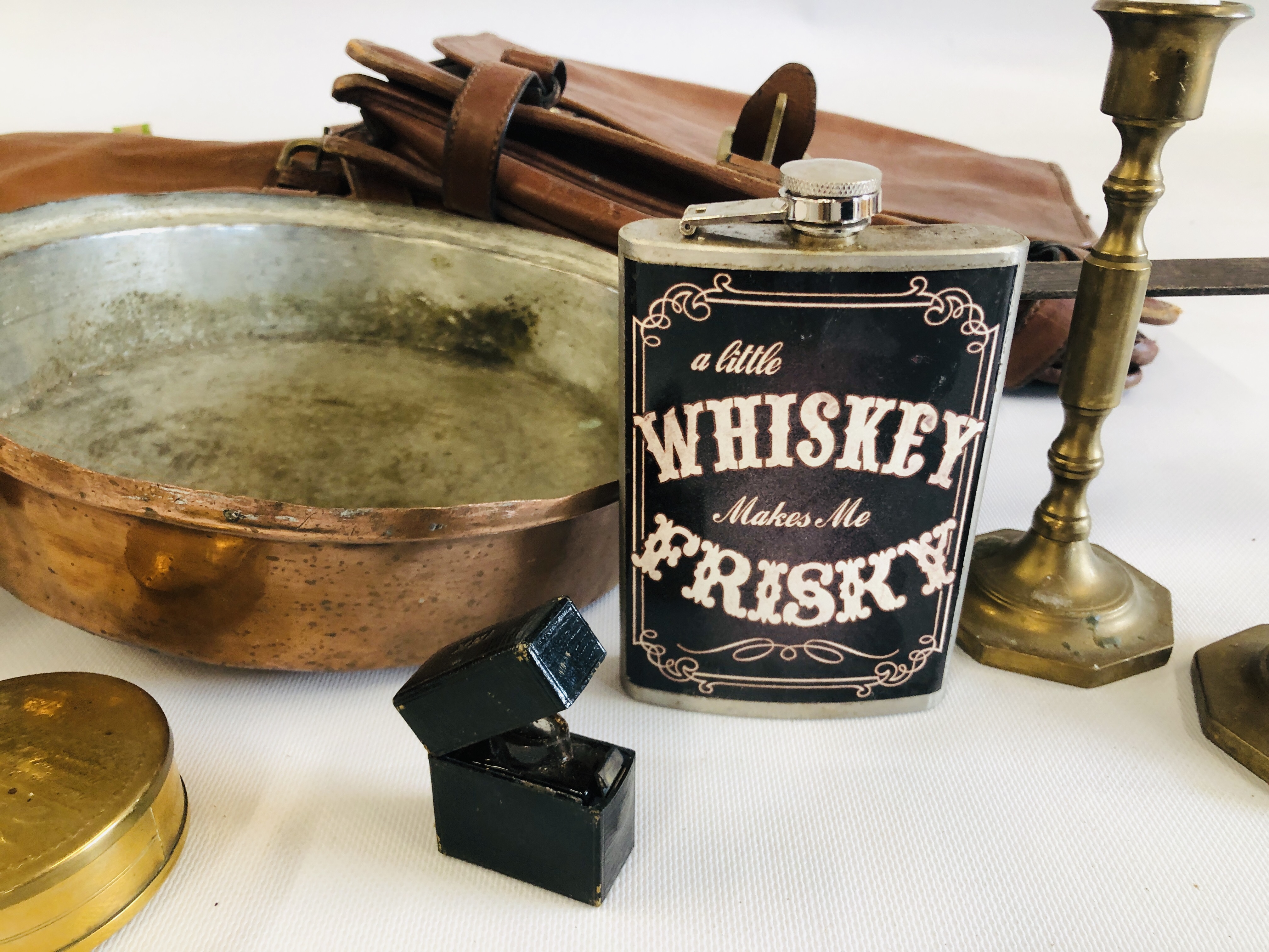 TWO VINTAGE BROWN LEATHER TRAVEL BAGS ALONG WITH COPPER PAN, PAIR OF BRASS CANDLE STICKS ETC. - Image 3 of 9