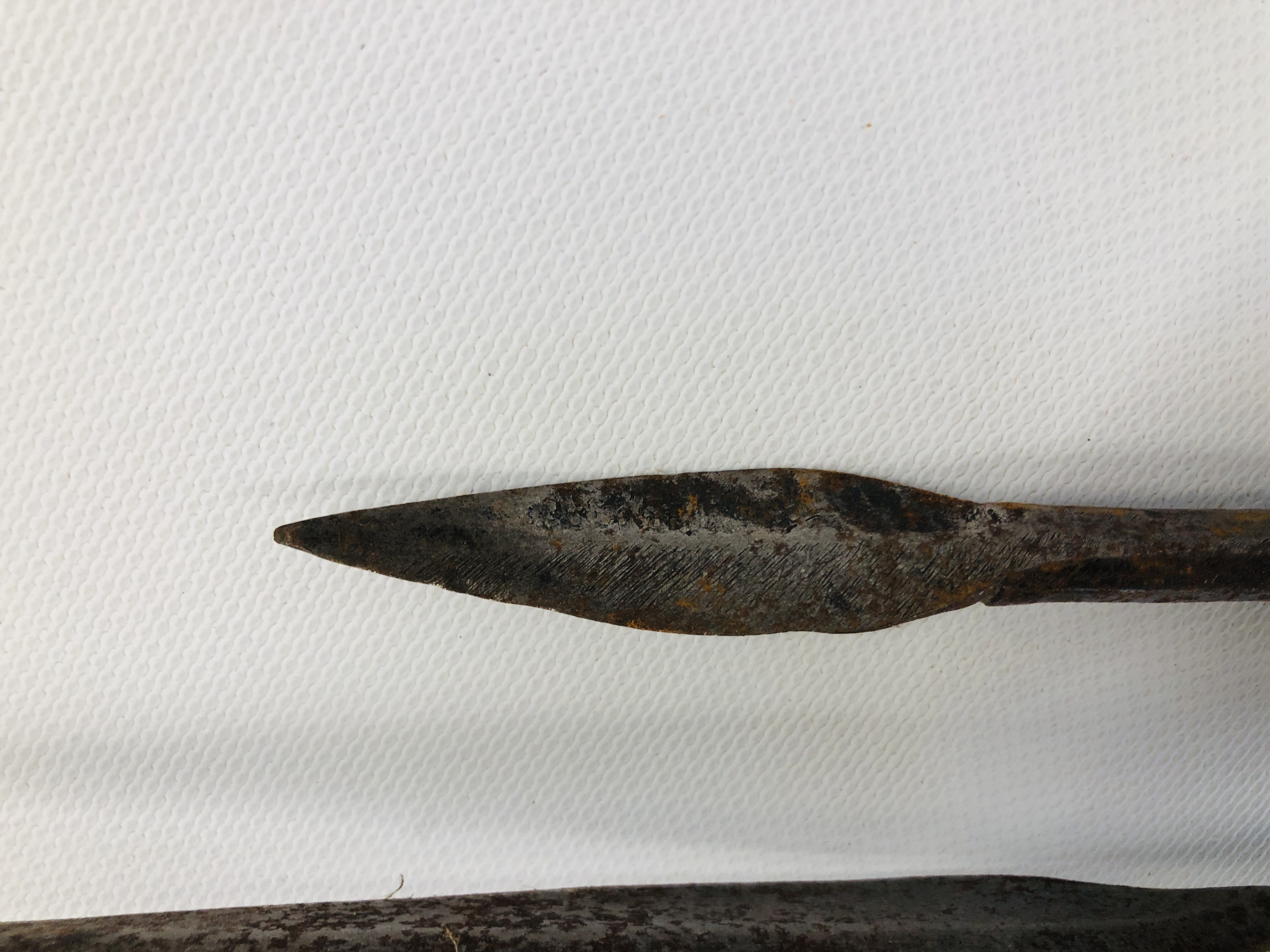 C19th LEATHER ZULU SHIELD ALONG WITH TWO THROWING SPEARS - THE SHIELD MEASURING 104 X 51CM ALONG - Image 2 of 15