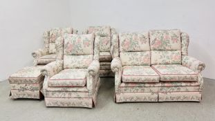 AN IMPRESSIVE 5 PIECE LOUNGE SUITE, FLORAL UPHOLSTERY COMPRISING OF 3 ARMCHAIRS,